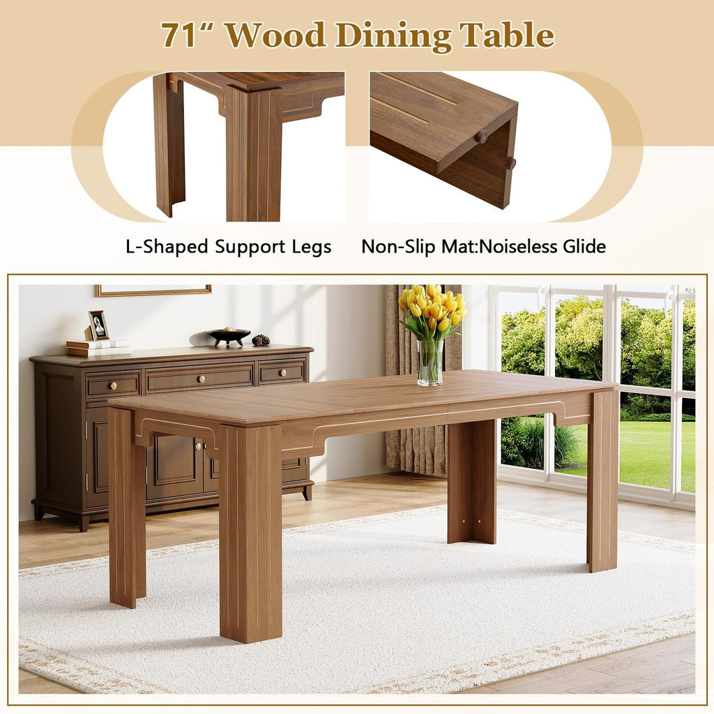 71" Wood Dining Table for 6-8, Large Rectangular Wood Grain Kitchen Dining Table with Thick Stable Legs for Dining Room and Family Dining