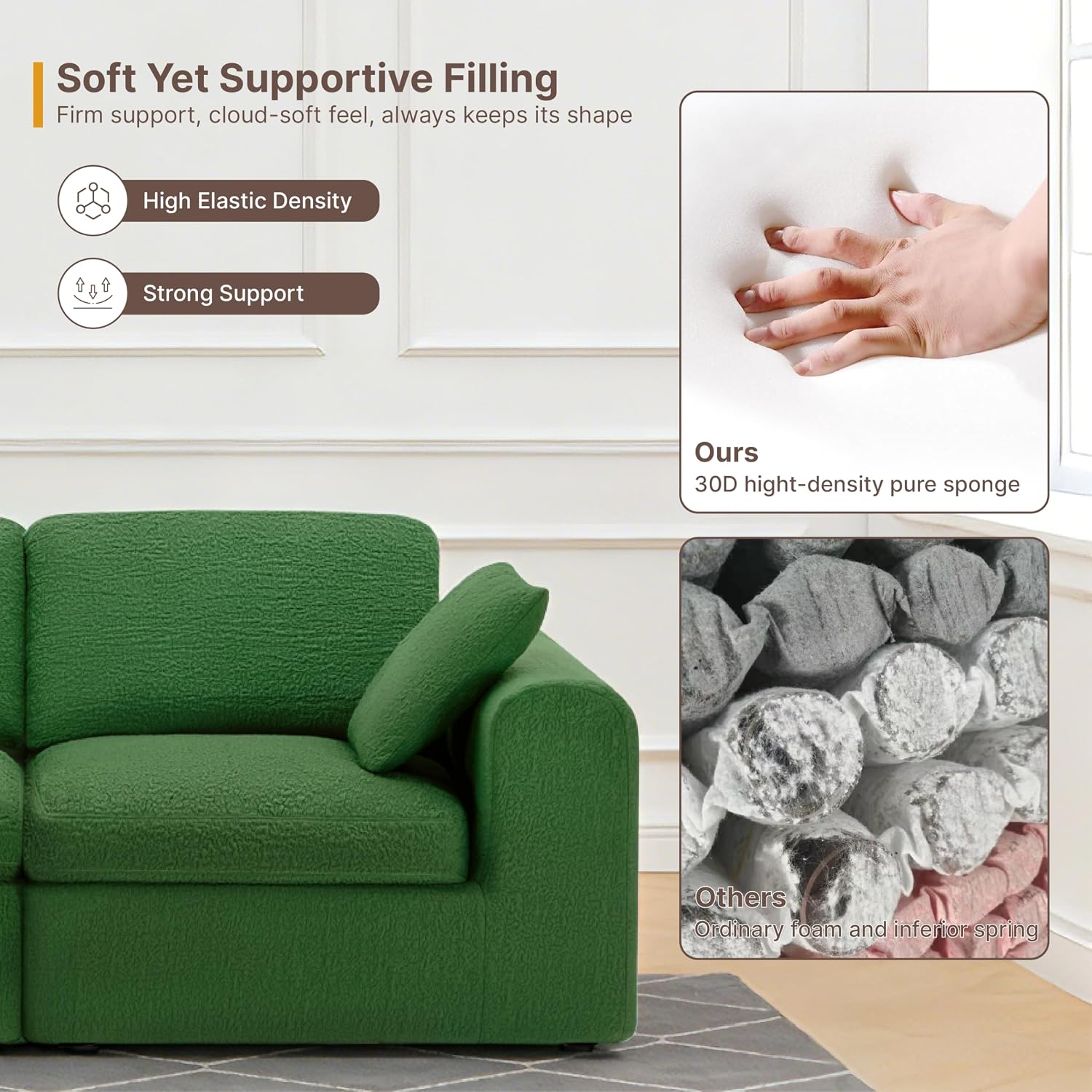 KISLOT 108" Cloud Couch,Sectional No Assembly Required,Modular Sofa with Deep Seat for Living Room,L Shaped Couch with Ottoman Snowflake Fabric and Memory Sponge,Green