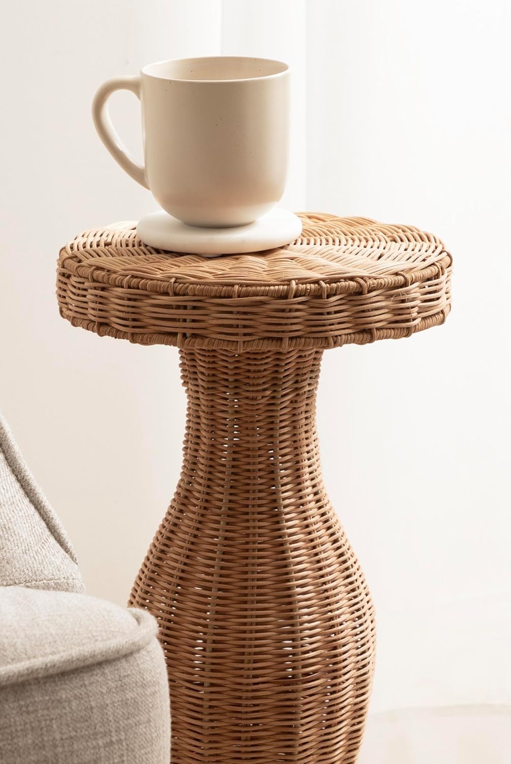 Kate and Laurel Sula Modern Woven Rattan Round Drink Table, 10 x 10 x 22, Natural Rattan, Boho Sculptural Circle Mini Table for Use as Indoor Plant Stand or Living Room Accent Table
