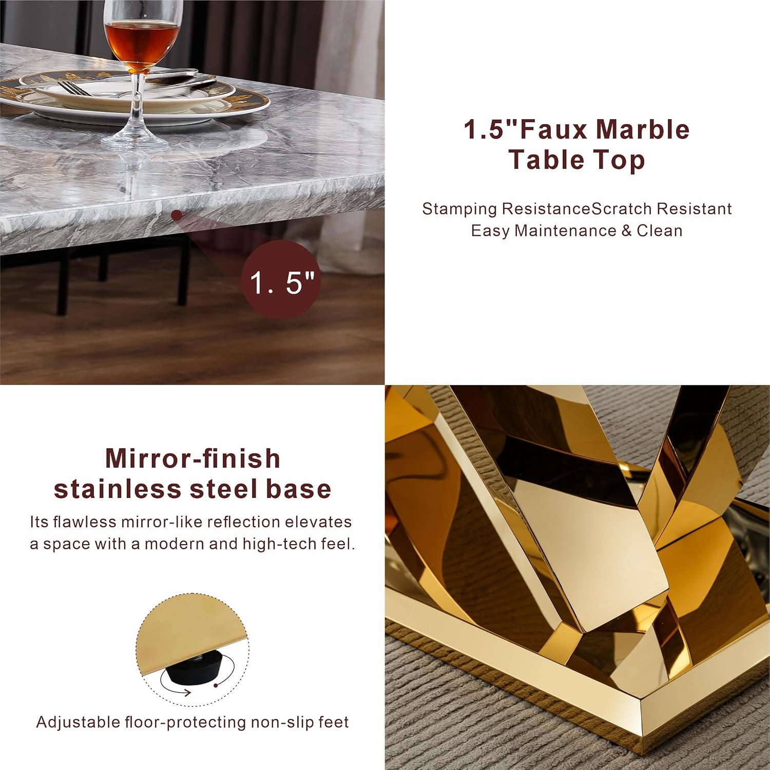 Modern Dining Table 70" Rectangular Kitchen Table with Imitation Marble Grain MDF Wooden Top & Iniregular Gold Base,Faux Marble Dinner Furniture for Kitchen Dining Room/Meeting Room
