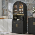 74.8" Tall Arched Kitchen Pantry with Power Outlet & LED Light, Kitchen Storage Hutch with Adjustable Shelves, Tall Cupboard for Dining Room, Bathroom (Black-TA)