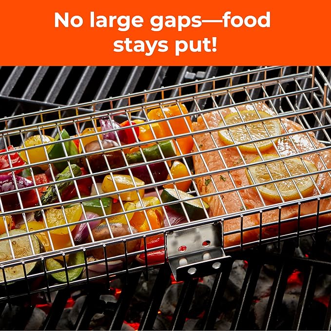 Adjustable Grill Basket w/Removable Handle - 4 Levels of adjustment for endless cooking options - Accessories include basting brush, scrub sponge, & storage bag