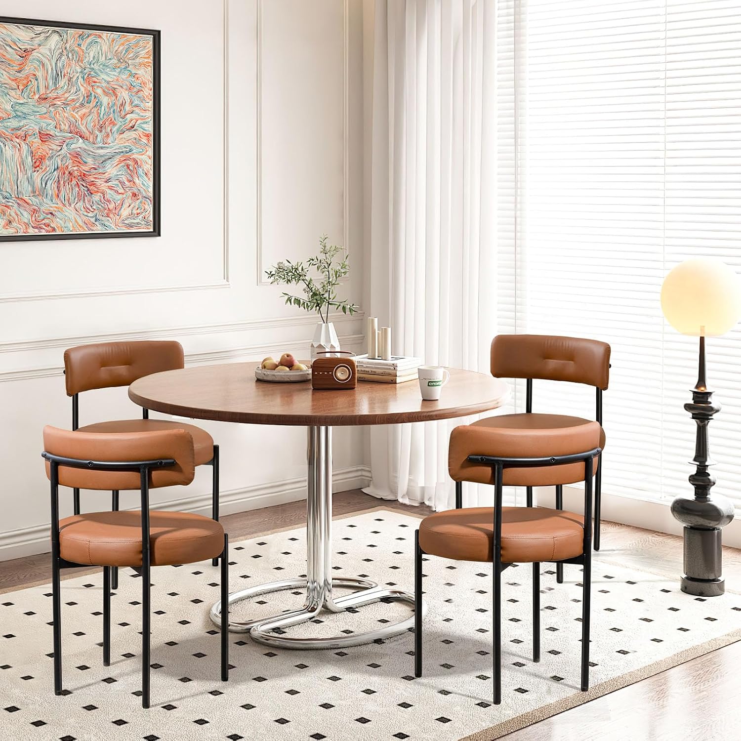 AVAWING Brown Faux Leather Dining Chairs Set of 4, Modern Kitchen Chairs with Black Metal Legs and Curved Backrest, Round Dining Room Chairs for Dining Room and Kitchen