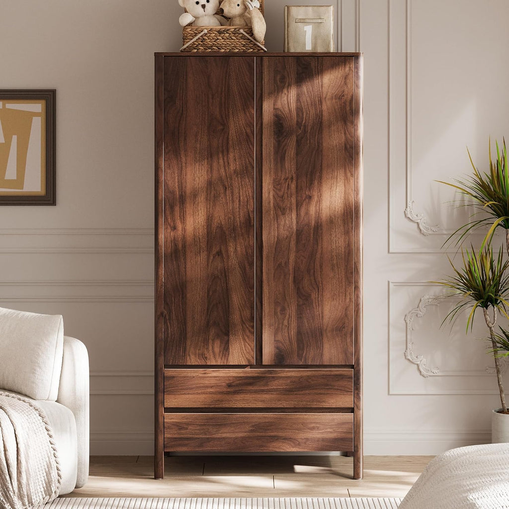 MAISONARIA Wardrobe with 2 Doors and 2 Drawers, 70.9”H Modern Walnut Bedroom Armoire Closet with Hidden Handles, Freestanding Wooden Storage Cabinet for Clothes and Essentials