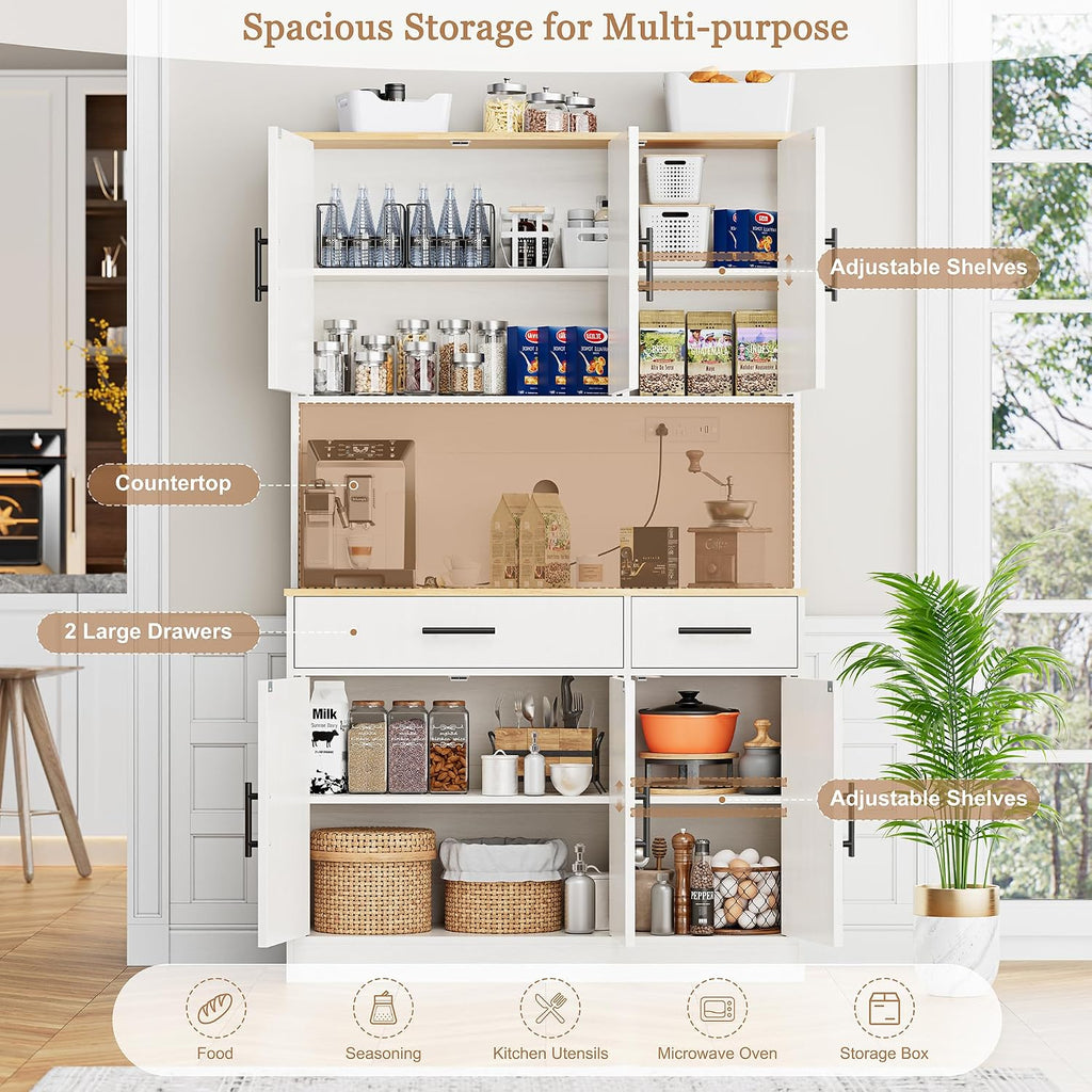Shintenchi Pantry Cabinet with Charging Station, 70” Tall Kitchen Storage Cabinet with Microwave Stand, Storage Drawers & Adjustable Shelves, Large Capacity Kitchen Hutch for Dining Room, White
