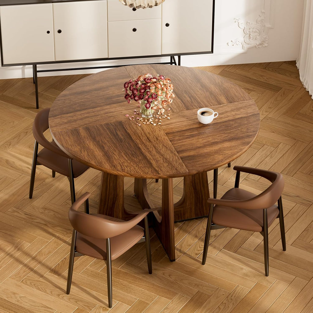 47" Round Dining Table for 4-6, Farmhouse Wood Kitchen Table, Mid-Century Wooden Circle Dinner Room Table Easy Assembly for Dining Room, Kitchen, Living Room (Brown)