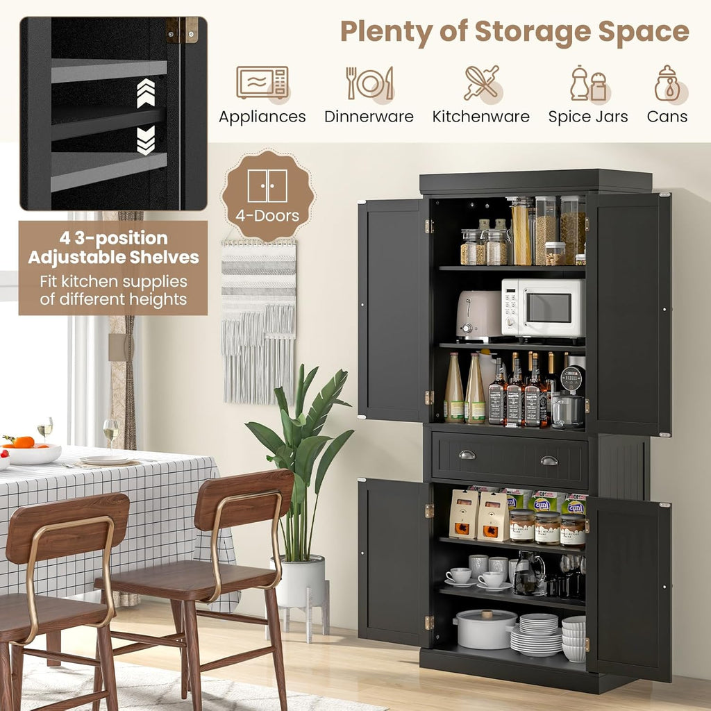 DORTALA 72” Tall Kitchen Pantry Cabinet, Wood Storage Cupboard w/ 4 Adjustable Shelves, 2 Cabinets & Drawer, Utility Freestanding Storage Cabinet for Kitchen, Hallway, Living Room, Black
