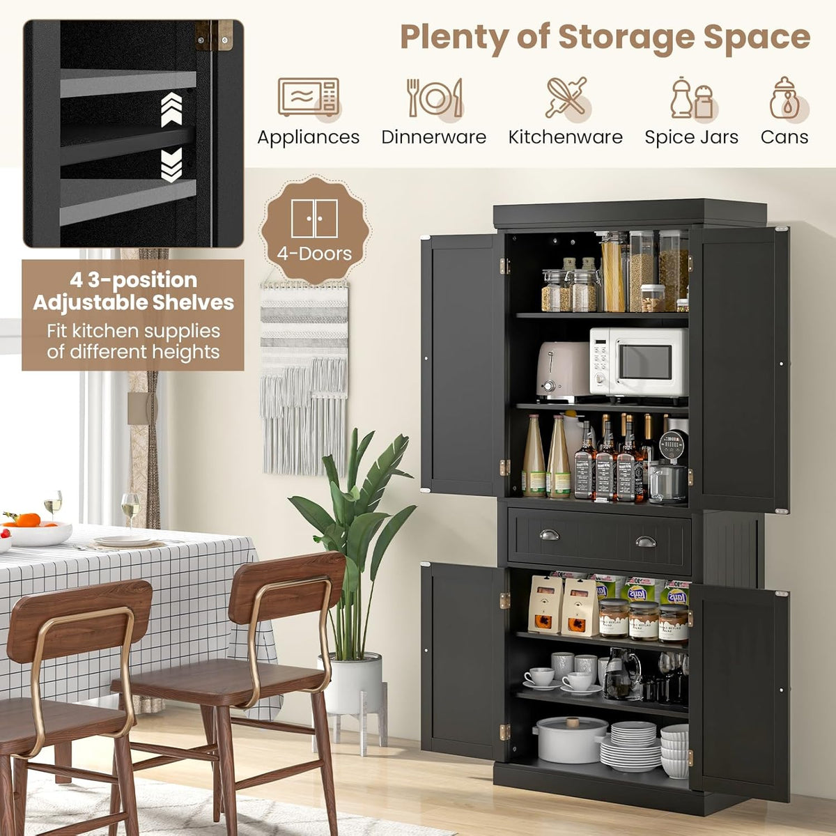 DORTALA 72” Tall Kitchen Pantry Cabinet, Wood Storage Cupboard w/ 4 Adjustable Shelves, 2 Cabinets & Drawer, Utility Freestanding Storage Cabinet for Kitchen, Hallway, Living Room, Black