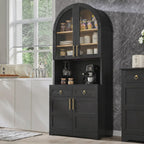 74.8" Tall Arched Kitchen Pantry with Power Outlet & LED Light, Kitchen Storage Hutch with Adjustable Shelves, Tall Cupboard for Dining Room, Bathroom (Black-TA)