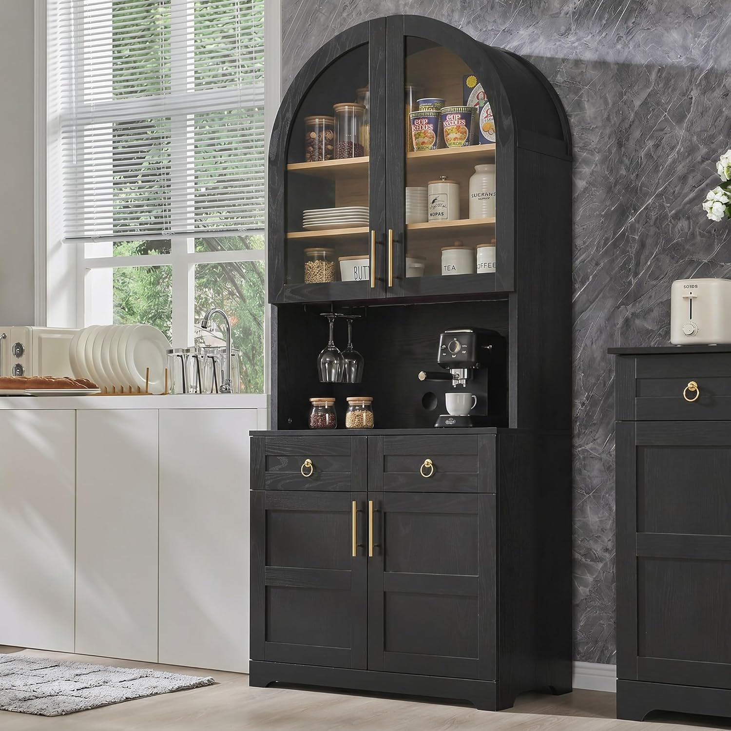74.8" Tall Arched Kitchen Pantry with Power Outlet & LED Light, Kitchen Storage Hutch with Adjustable Shelves, Tall Cupboard for Dining Room, Bathroom (Black-TA)