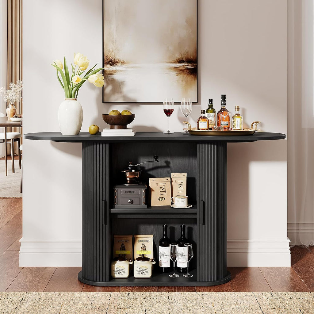 55 Inch Console Table with Storage, Fluted Entryway Tables with Sliding Doors, Sofa Table Behind The Couch, Hallway Tables, Mid-Century Modern Foyer Table for Entryway, Hallway, Living Room, Black