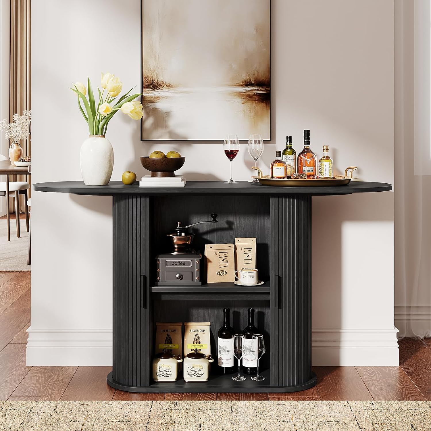 55 Inch Console Table with Storage, Fluted Entryway Tables with Sliding Doors, Sofa Table Behind The Couch, Hallway Tables, Mid-Century Modern Foyer Table for Entryway, Hallway, Living Room, Black