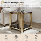 Luxury Gold Glass End Table,Sqaure Sofa Side Table with Shiny Geometric Stainless Steel Base,Black Glass Accent End Table Bedside Table Nightstand for Living Room Bedroom Office
