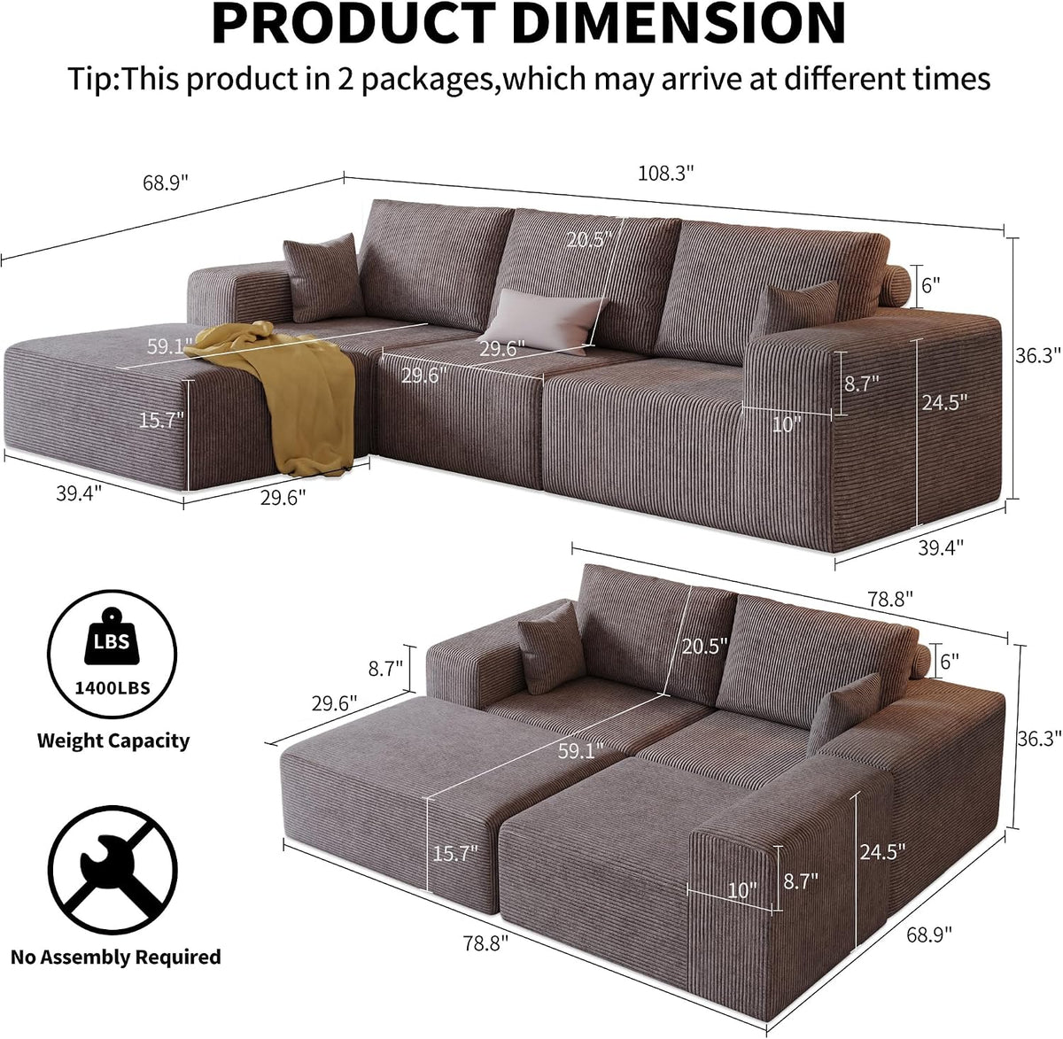 109" Modular Sectional Sofa with Ottoman - L Shaped Oversized Deep Seat Cloud Couch for Living Room, Corduroy Fabric, No Assembly Required (Brown, 1 Ottoman)