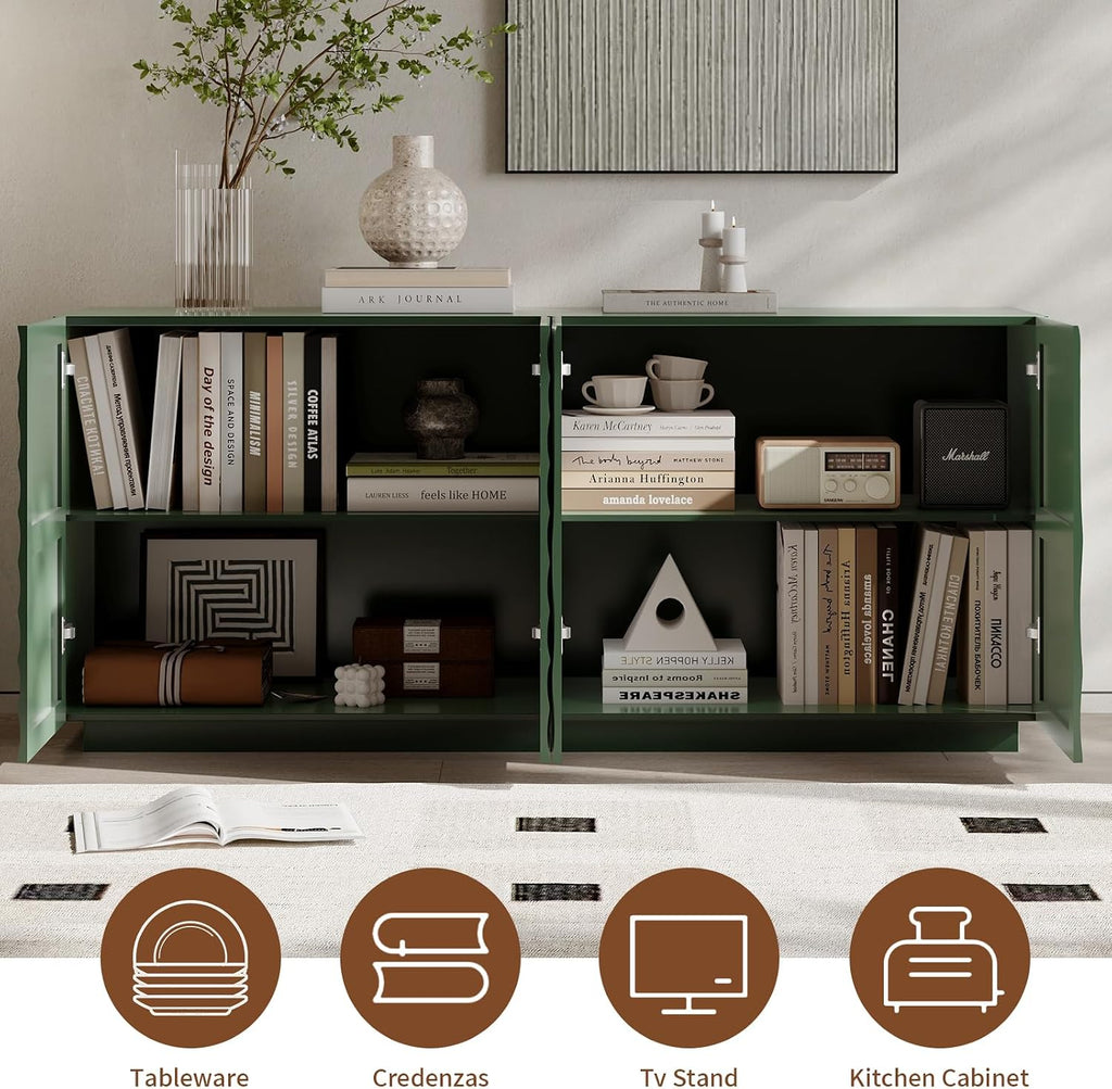4 Door Modern Sideboard Buffet Cabinet with Spiral Grain, Accent Storage Sideboard Freestanding Anti-Dumping Storage Cabinet Buffet for Kitchen & Living Room (Green)