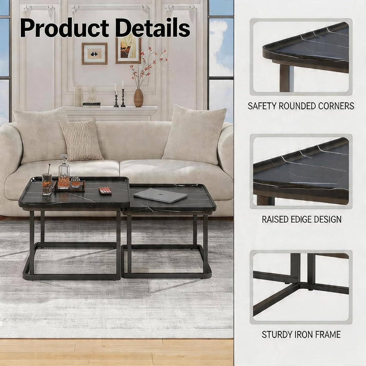 Set of2 Nesting Coffee Tables, Space‑Saving Side Table Set,Black | Stackable Design, Mid‑Century Modern Style, Multi‑Scene Usage, Ideal For Living Room, Bedroom And Balcony Decor