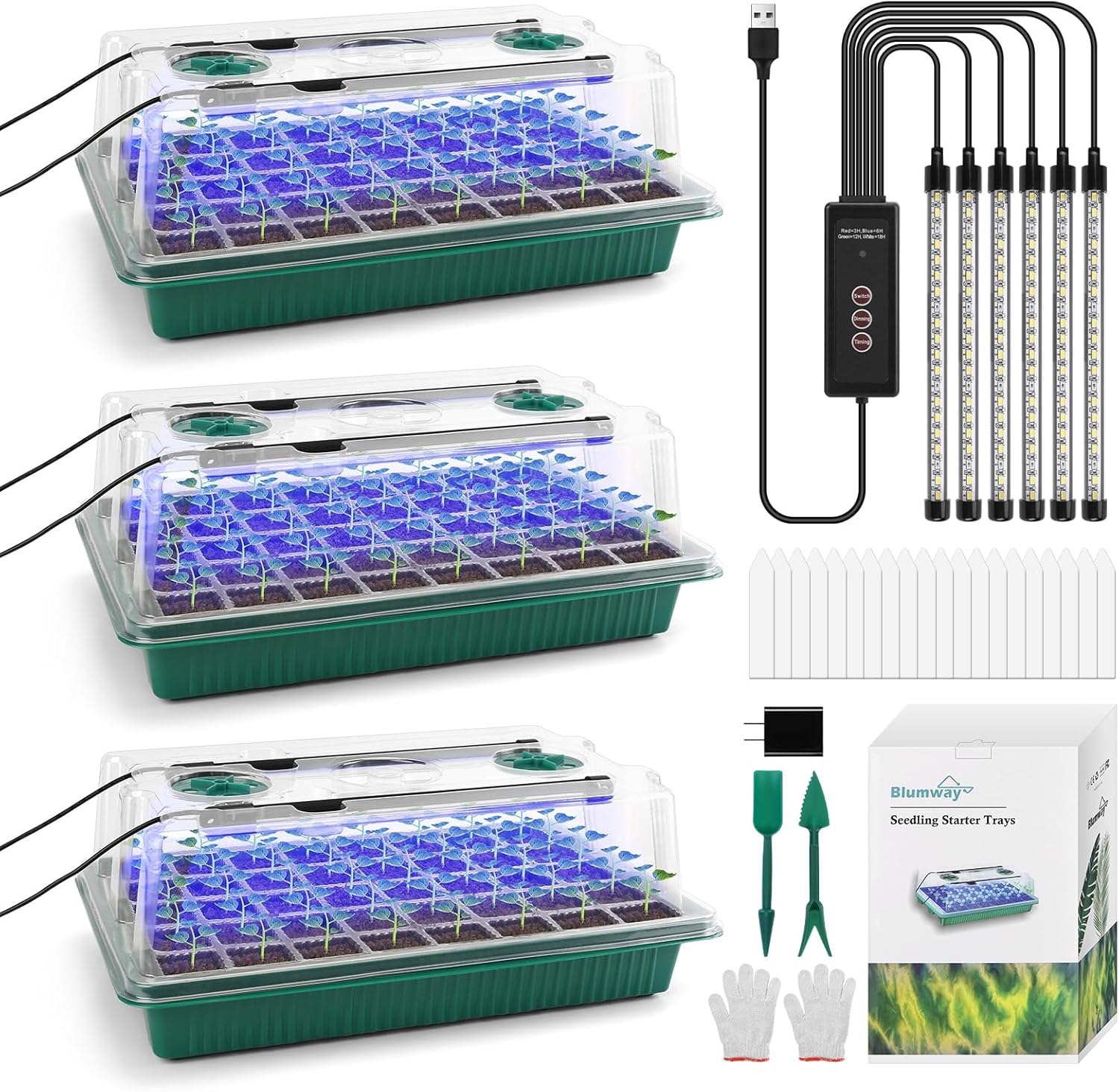 BlumWay Seed Starter Tray with Grow Light,3 Pack 120 Cells Seedling Tray with Humidity Dome/Indoor Grow Kit for Deep-Rooted Seedlings,Adjustable/Timed Light Plant Starter Set