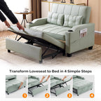 VINGLI Convertible Loveseat Sleeper Sofa Bed, Pullout Couch for Living Room | Light Green Futon Sofa Bed, Faux Leather Pull-Out Couch Bed with USB Ports, Cup Holders for Small Space, Apartment, Office