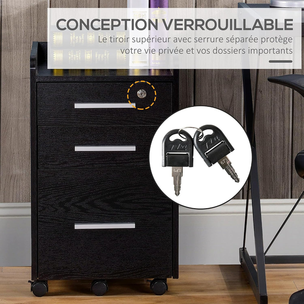 HOMCOM Office Desk Storage Cabinet on Wheels 3 Drawers 1 Lockable 1 Sorter File Folder Wooden Black