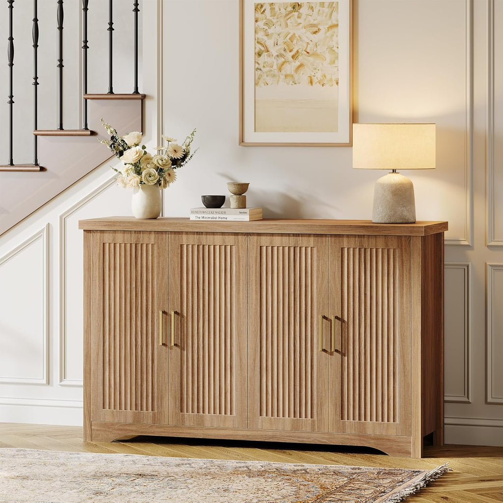 Memobarco Fluted Buffet Cabinet with Storage Accent Sideboard,Modern Credenza with 4 Doors & Adjustable Shelves,Wood Coffee Bar Table Console for Dining Room Kitchen Living Room Entryway,Natural Oak