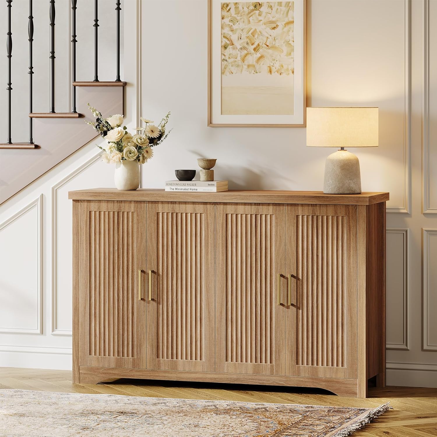 Memobarco Fluted Buffet Cabinet with Storage Accent Sideboard,Modern Credenza with 4 Doors & Adjustable Shelves,Wood Coffee Bar Table Console for Dining Room Kitchen Living Room Entryway,Natural Oak