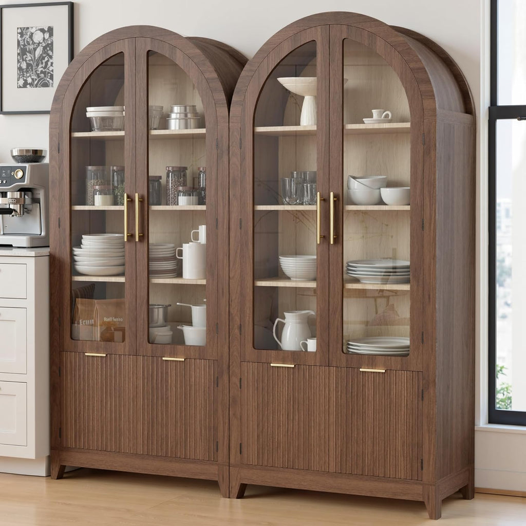 win2win Tall Arched Cabinet with Glass Doors, 69" Pantry Storage Cabinets with Fluted Doors & Adjustable Shelves, Mid Century Modern Wood Display Bookcase for Kitchen, Living Room, Bathroom, Walnut