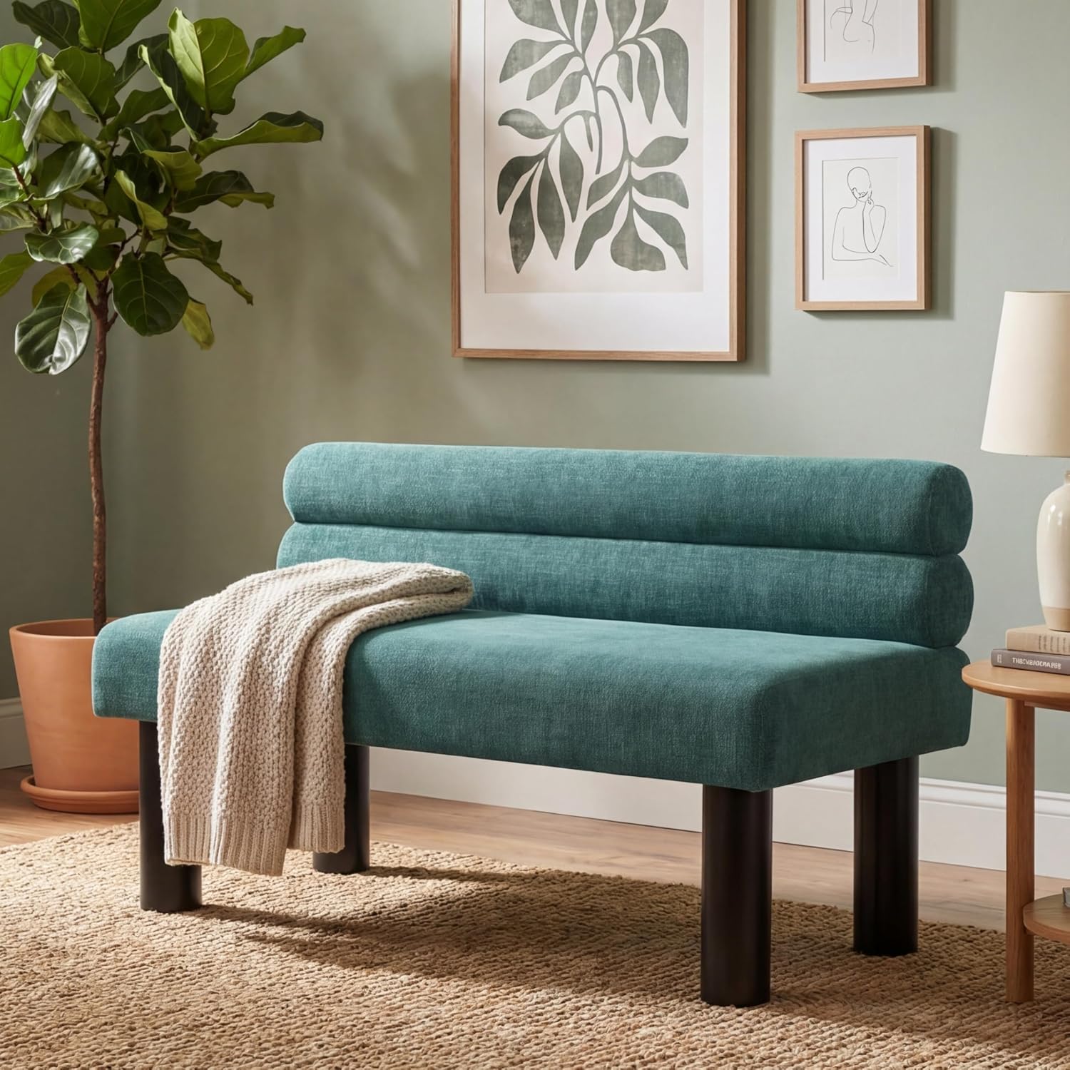 Christopher Knight Home Wally Fabric Upholstered Dining Bench, Long Dining Room Chair, Wooden Entryway Bench, Bedroom End of Bed Bench, Teal Green+Black