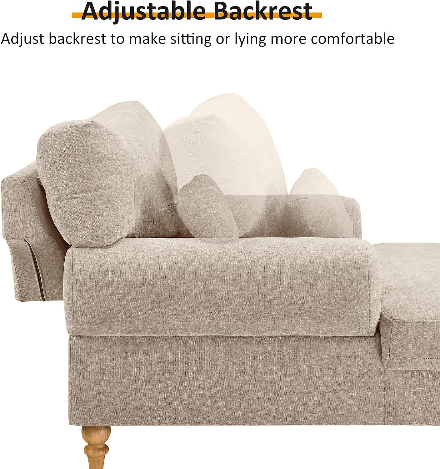 Modern Chaise Lounge Chair with Adjustable Backrest, Upholstered Indoor Leisure Sofa Recliner, Oversized Accent Chair Deep Seat Reading Armchair for Living Room, Bedroom, Office, Light Khaki