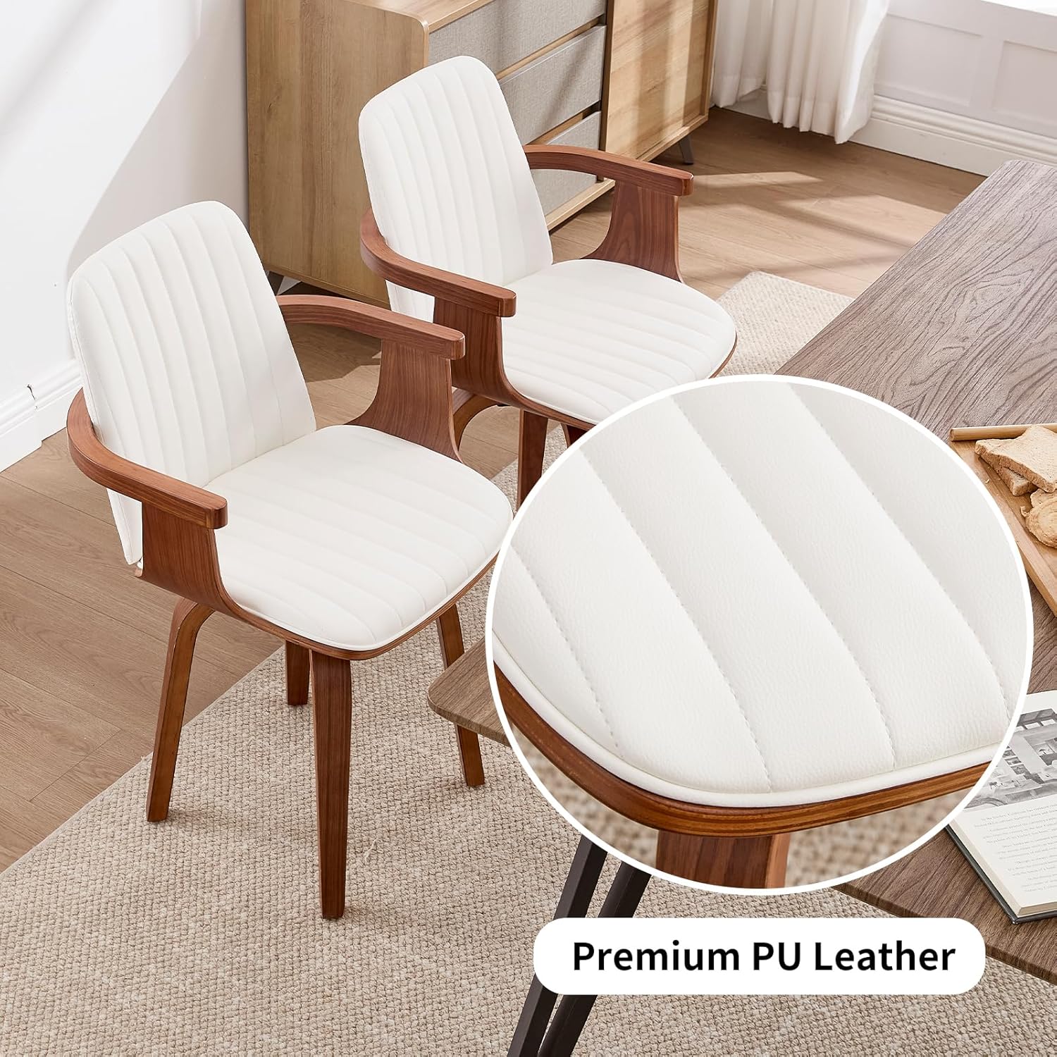 VipDesk Swivel Dining Chairs Set of 2 - Mid Century Modern Kitchen Chairs for Dining Room, Upholstered PU Leather Chairs with Walnut Arms and Legs, White