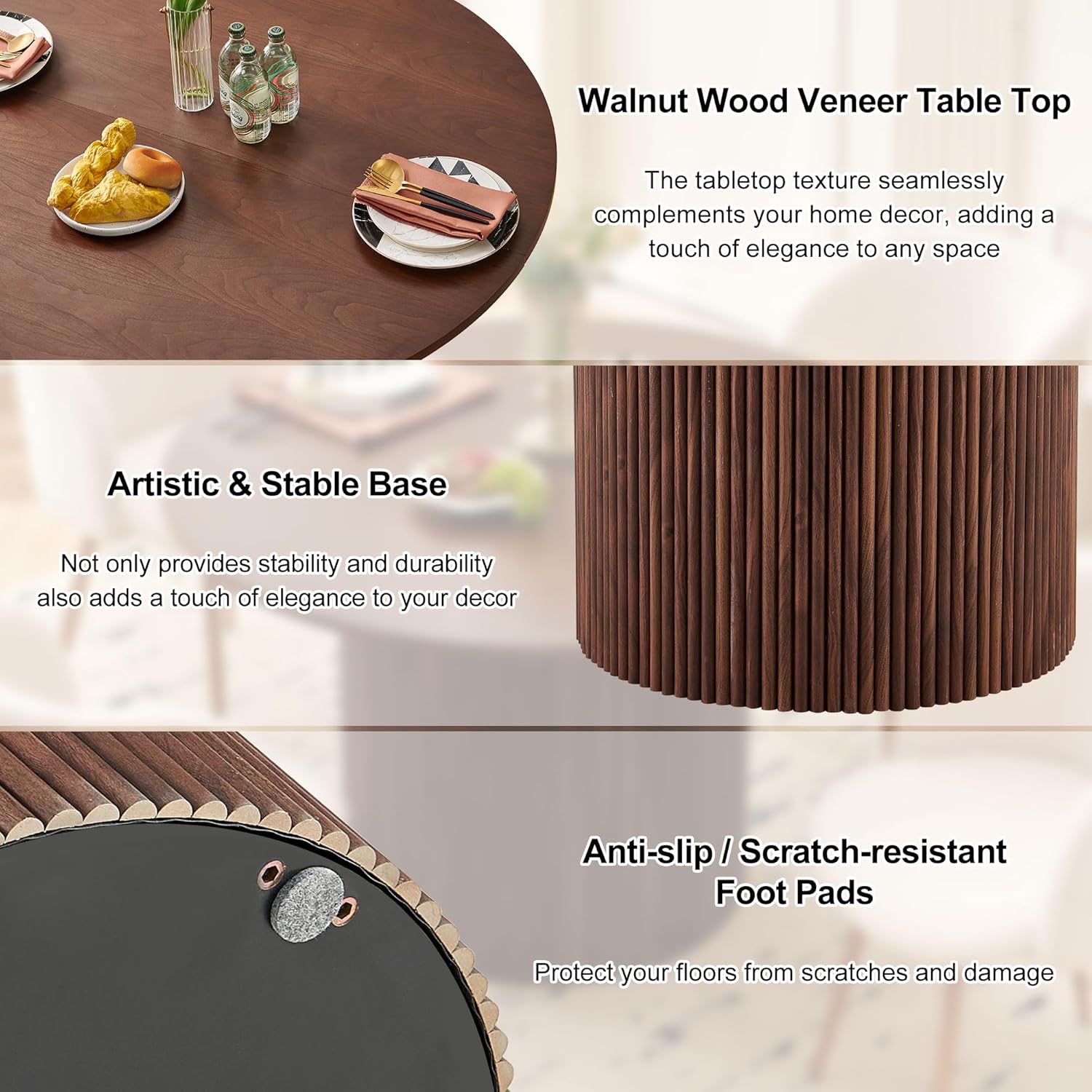 47" Round Dining Table for 4, Modern Farmhouse Kitchen Table, Walnut Wood Veneer Tabletop with Wood Strip Base, Kitchen & Dining Room Table