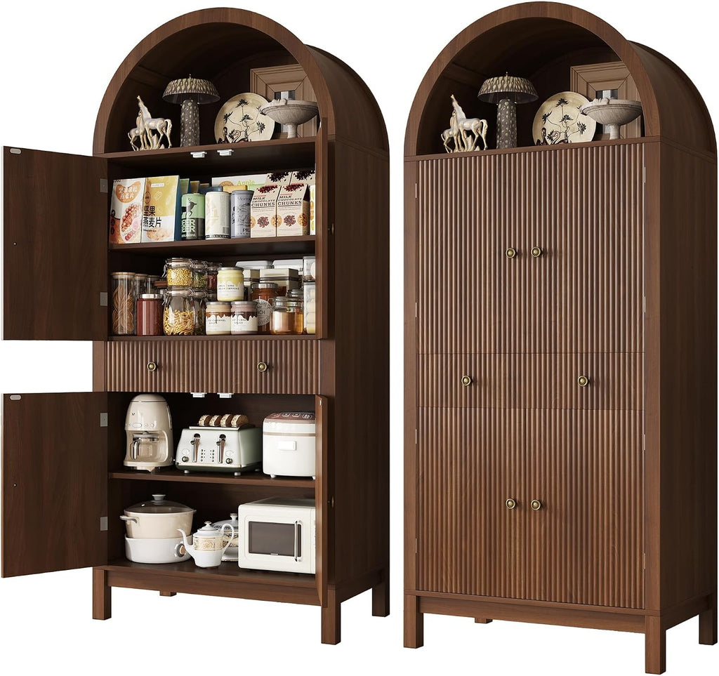 Apicizon 70" Tall Arched Kitchen Pantry Cabinet, 6-Tier Modern Fluted Wood Storage Cabinet with Doors Drawer & Adjustable Shelves, Farmhouse Cupboard Organizer for Dining Room, Bathroom, Walnut