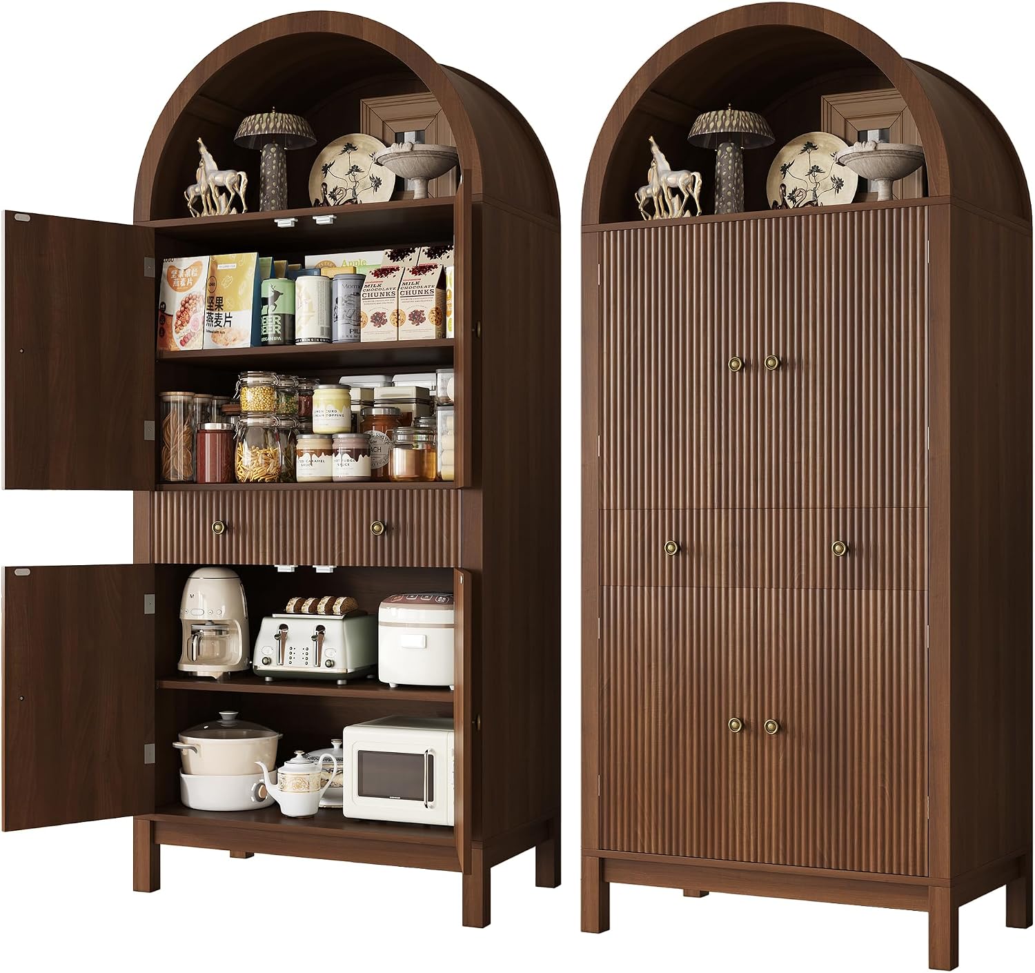 Apicizon 70" Tall Arched Kitchen Pantry Cabinet, 6-Tier Modern Fluted Wood Storage Cabinet with Doors Drawer & Adjustable Shelves, Farmhouse Cupboard Organizer for Dining Room, Bathroom, Walnut
