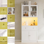 Kitchen Pantry Storage Cabinet 75.2” Tall, Modern Microwave Stand with Charging Station and LED Lights, Wood Buffet Sideboard with 1 Drawer Glass Doors Adjustable Shelves for Dining Room