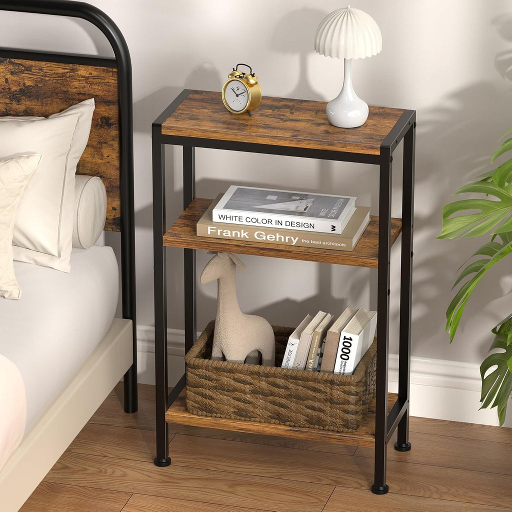 Narrow Side Table for Small Space, 3 Tier Slim End Table, Thin Nightstand, Skinny Snack Couch Table, Sofa Bedside Table in Living Room, Bedroom, Study, Kitchen and Balcony (Rustic Brown)