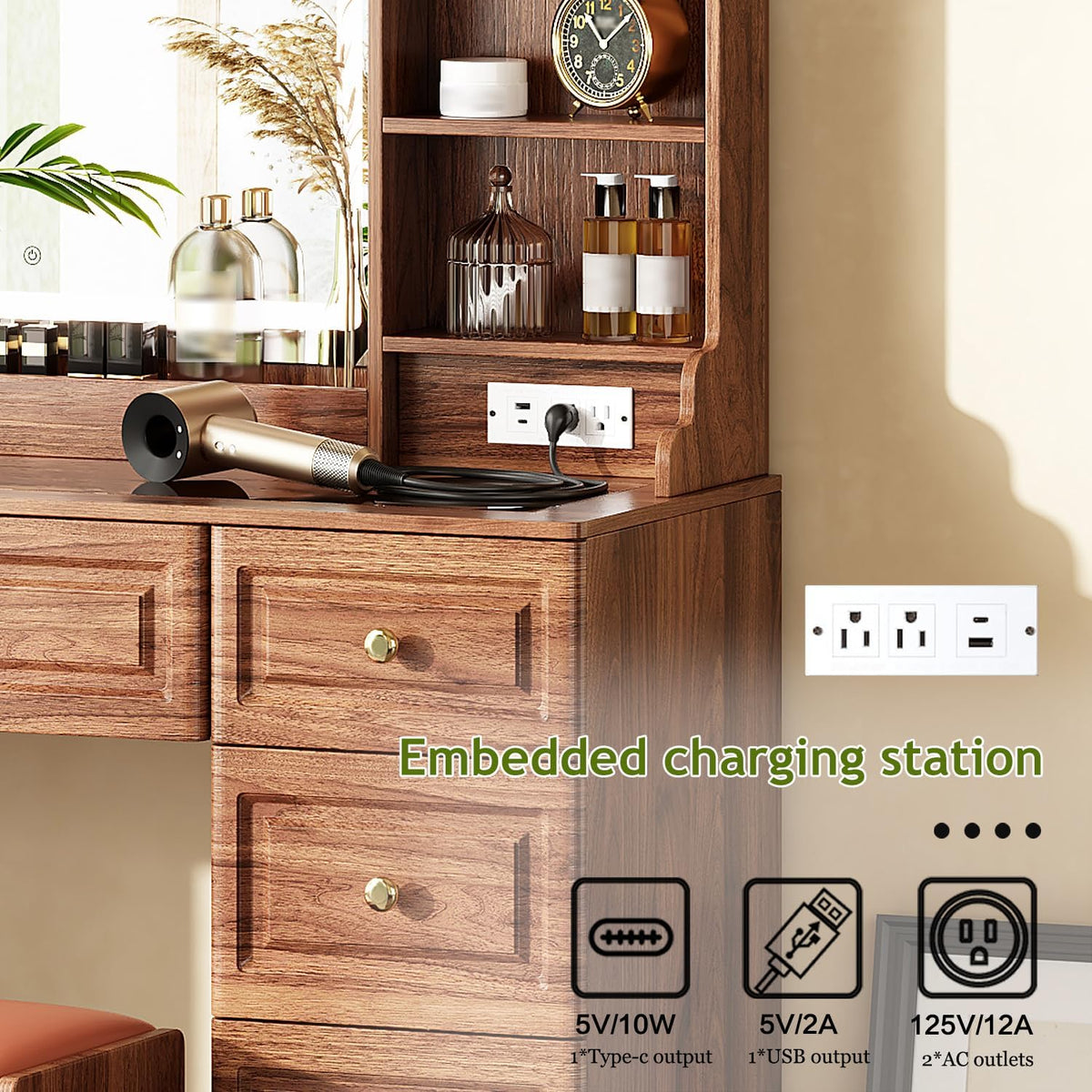 Arulvmrn 43” Wooden Makeup Vanity Set with Mirror and Lighted,Modern Vanity Desk with 9 Drawers,Storage Shelves, and Padded Seat, Dressing Table for Bedroom, Dorm, or Home Beauty Station,Brown