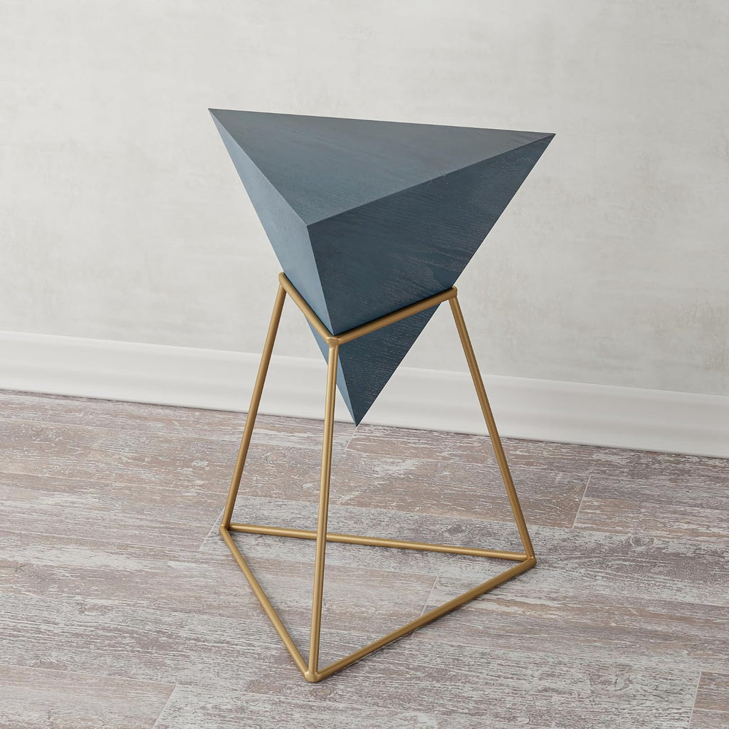 COZAYH Modern Geometric End Table with Wooden Top and Golden Metal Base, Unique Pyramid Side Table Plant Stand for Office, Living Room, Bedroom, Fully Assembled, Triangle, Blue