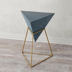 COZAYH Modern Geometric End Table with Wooden Top and Golden Metal Base, Unique Pyramid Side Table Plant Stand for Office, Living Room, Bedroom, Fully Assembled, Triangle, Blue