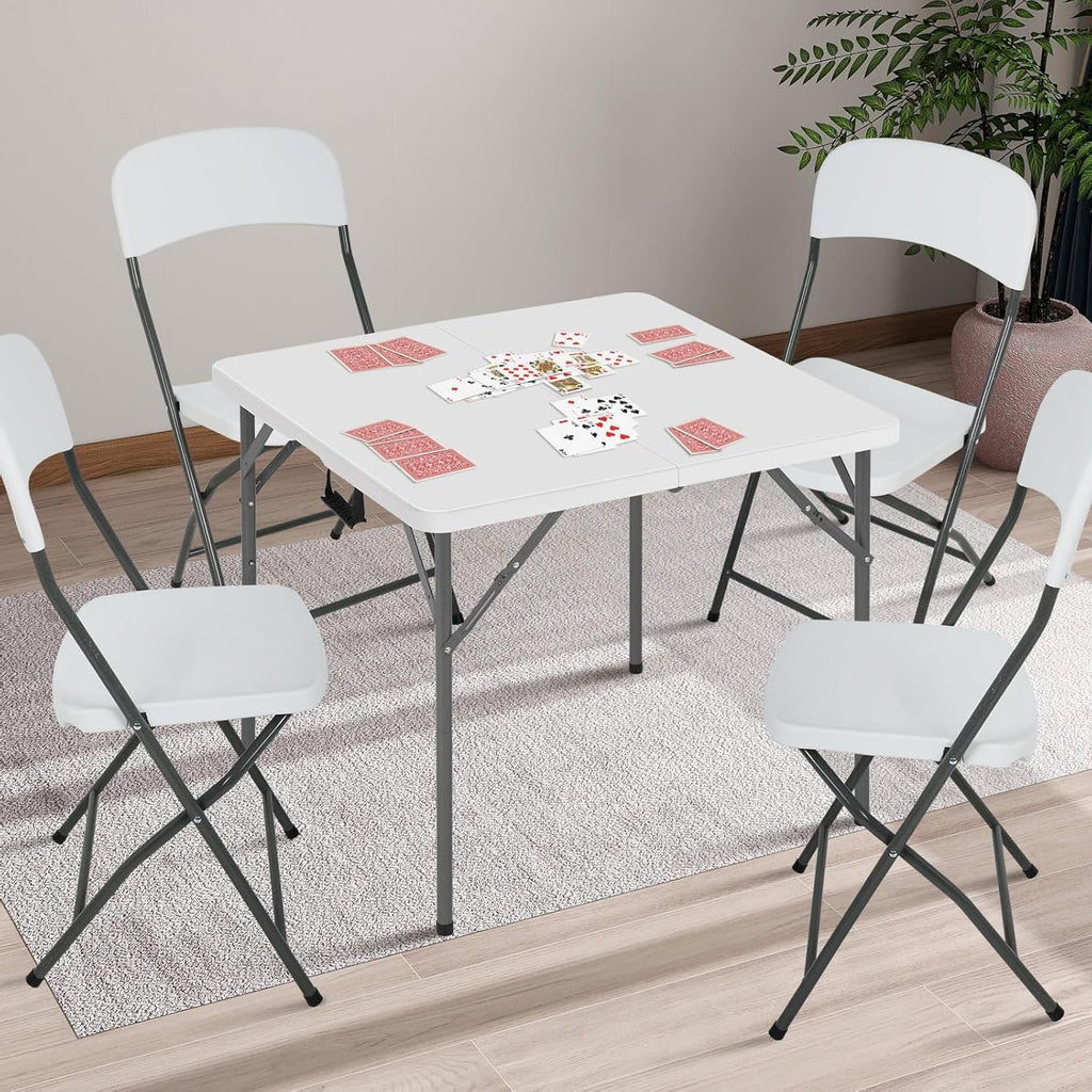 34" Square Folding Table, Portable Plastic Table No Assembly Needed, Fold-in-Half Design with Handle for Indoor Outdoor, Camping, Events, Banquets - White