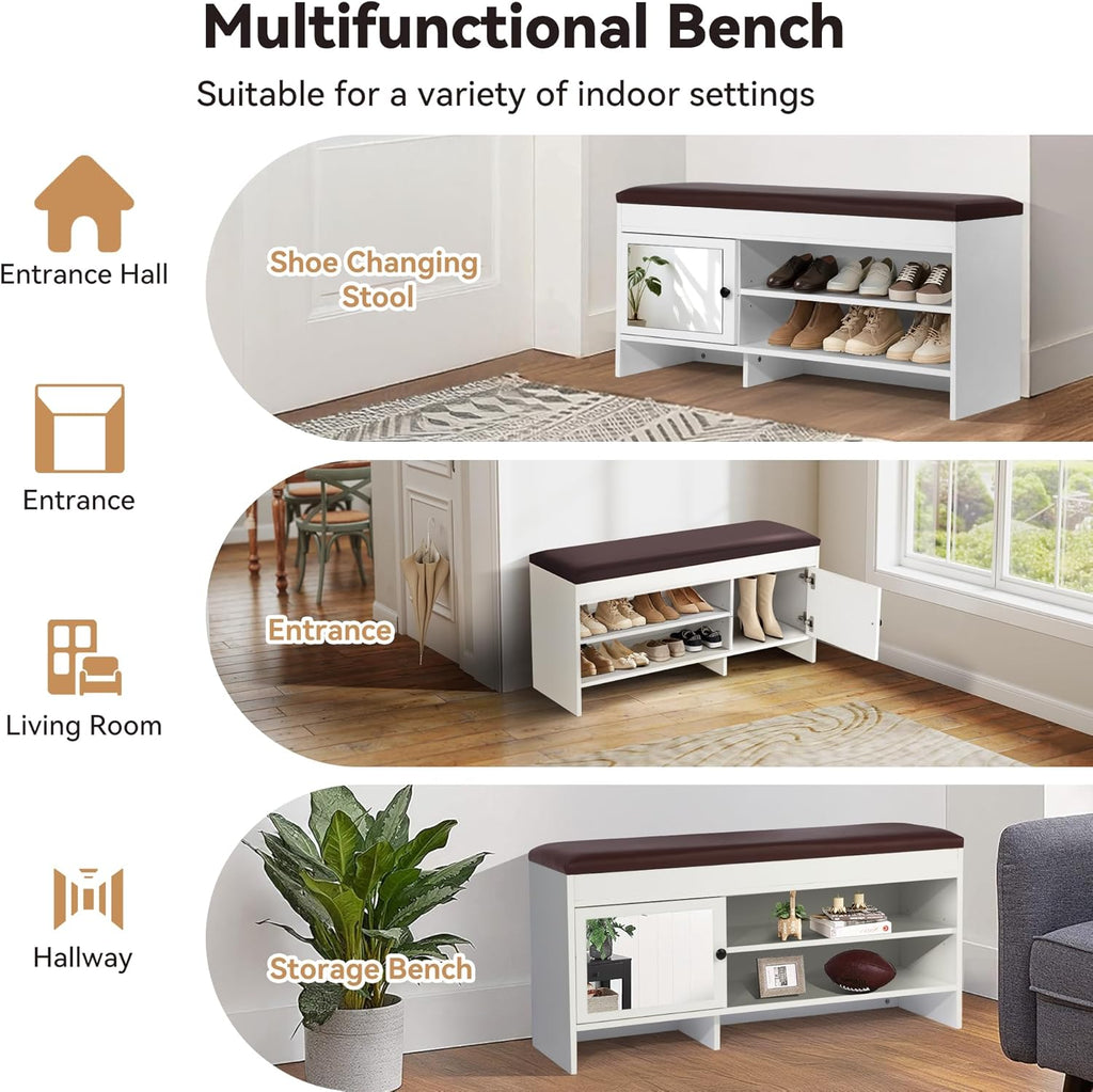 40.5 in Shoe Bench with Storage, Storage Bench, Padded Seat, White | Lift-top storage, 2-tier shoe storage, adjustable shelves, mirrored cabinet doors for entryway, mudroom, bedroom