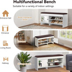 40.5 in Shoe Bench with Storage, Storage Bench, Padded Seat, White | Lift-top storage, 2-tier shoe storage, adjustable shelves, mirrored cabinet doors for entryway, mudroom, bedroom