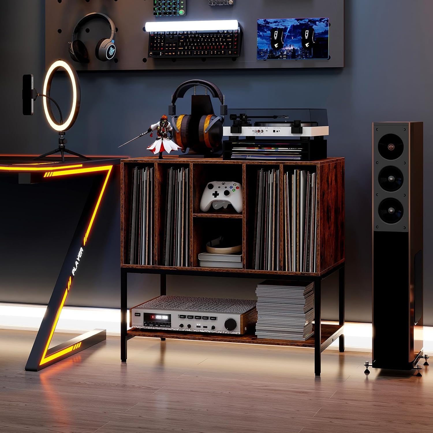 Giantex Record Player Stand with Charging Station, Turntable Stand with Storage Shelves Hold Up to 150+ Albums, Record Player Table with Metal Frame, Vinyl Record Storage for Music Living Room, Brown