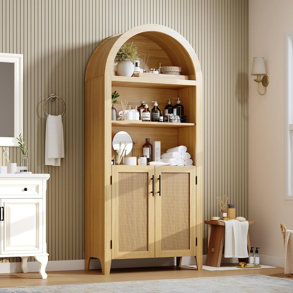 Garvee Arched Kitchen Pantry Storage Cabinet - 5-Tier Open Display Shelf with Rattan Decor, Farmhouse Storage Cabinet for Kitchen, Dining Room, Living Room, Natural