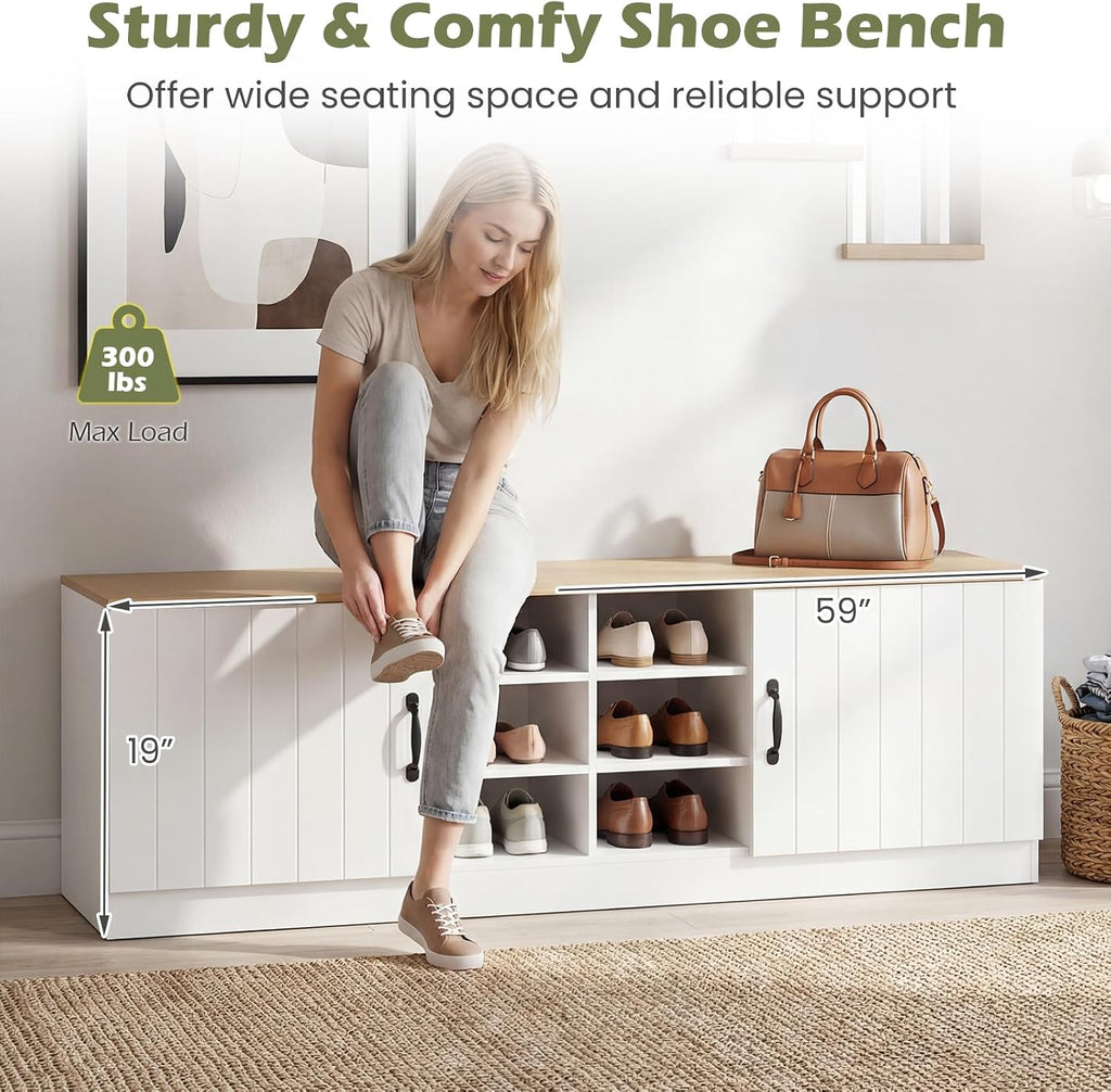 Giantex 2-Door Shoe Storage Bench, Wooden Entryway Bench with Storage, Adjustable Shelves & 6 Compartments, Modern Shoe Cabinet for Entry Way, Hallway, Foyer, Living Room, 300 lbs Max Load (Natural)