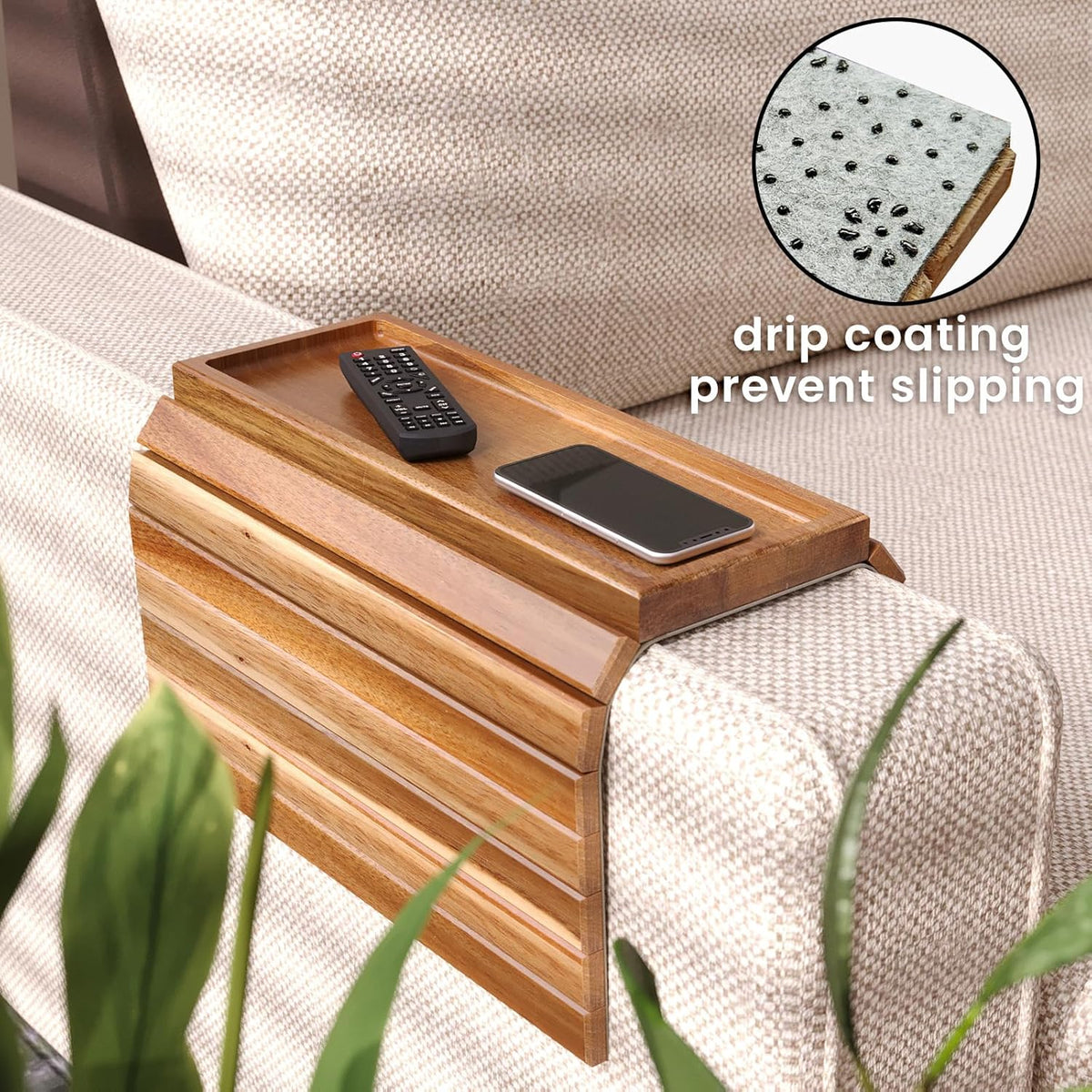 Sofa Arm Tray,Acacia Wood Folding Couch Arm Tray,Sofa Armrest Trays with Anti-Slip Pad for Drinks,Snacks,Phone,Remote Control 2 PC