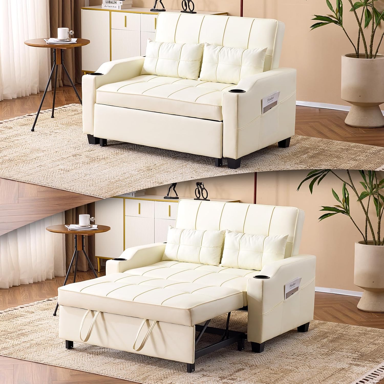 VINGLI Convertible Loveseat Sleeper Sofa Bed, Pullout Couch for Living Room | Beige Futon Sofa Bed, Faux Leather Pull-Out Couch Bed with USB Ports, Cup Holders for Small Space, Apartment, Office