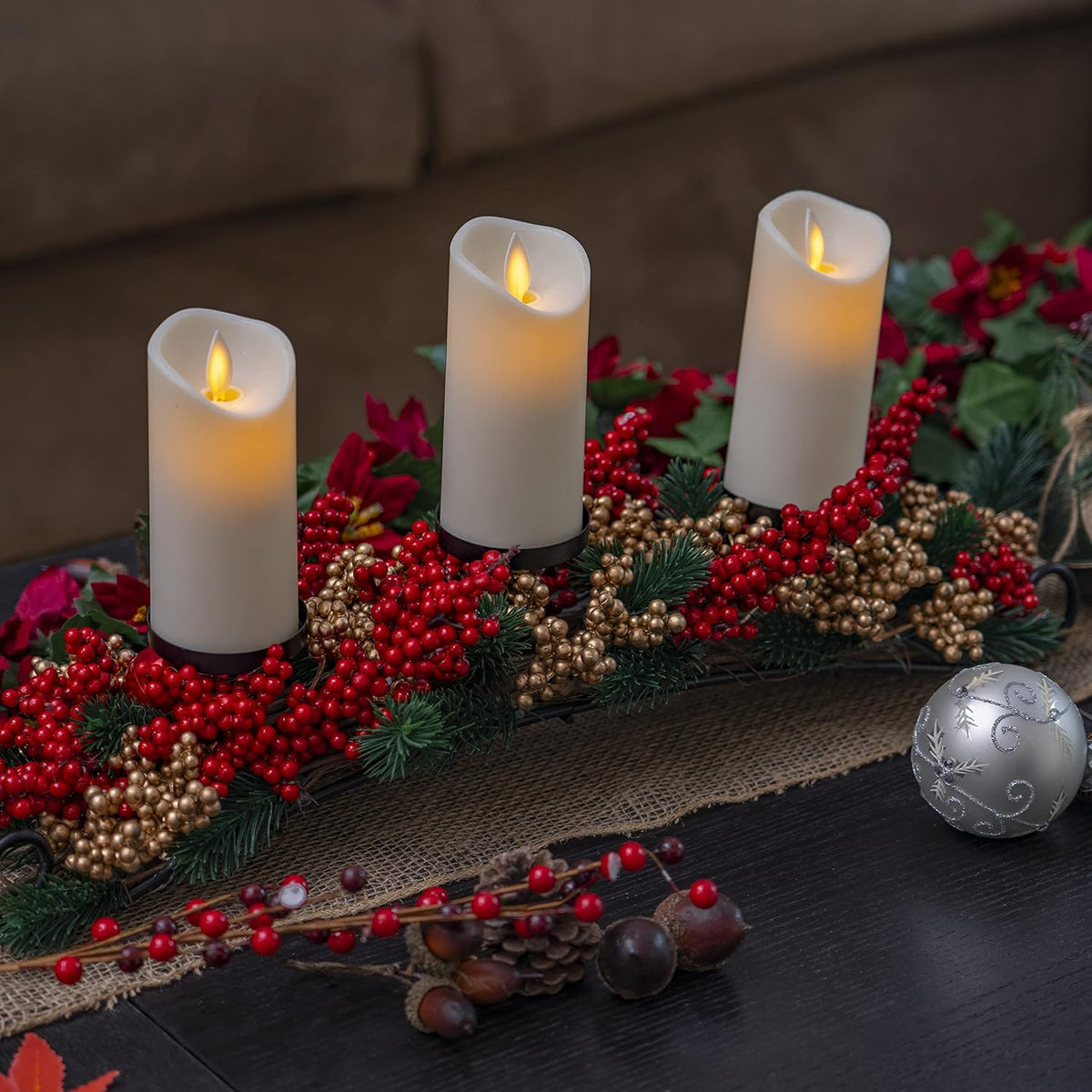 Ornativity Christmas Décor Candle Holder – Xmas Table Themed Candle Holder Centerpiece Decorations with Red and Gold Berries, Twigs, and Evergreens