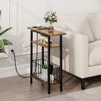 Vagusicc Narrow Side Table with Charging Station, 3-Tier Skinny Side End Table for Couch Sofa, Small End Side Tables for Small Spaces, 25.2" Tall Slim Nightstand for Living Room, Bedroom, Rustic Brown
