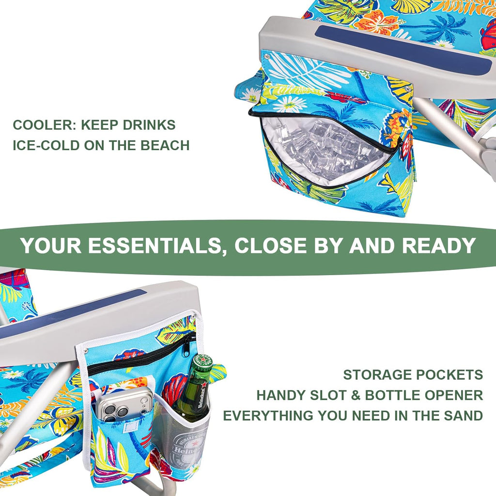 2Pk Aluminum Extra Wide 5-Position Lay Flat Folding Backpack Beach Chairs for Adults, with Cooler Bag, Cup&Phone Holder, Towel Bar for Outdoor Lawn Picnic Sport, Portable Camping Chairs,Tropical Print