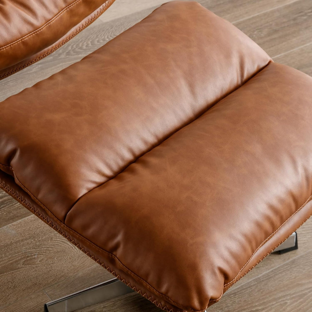 BESTANO Swivel Accent Chair with Ottoman, Mid Century Modern Faux Leather Lounge Chair with footrest, Comfy Oversized Armchair with 360 Degree Metal Base for Living Room Bedroom, Brown