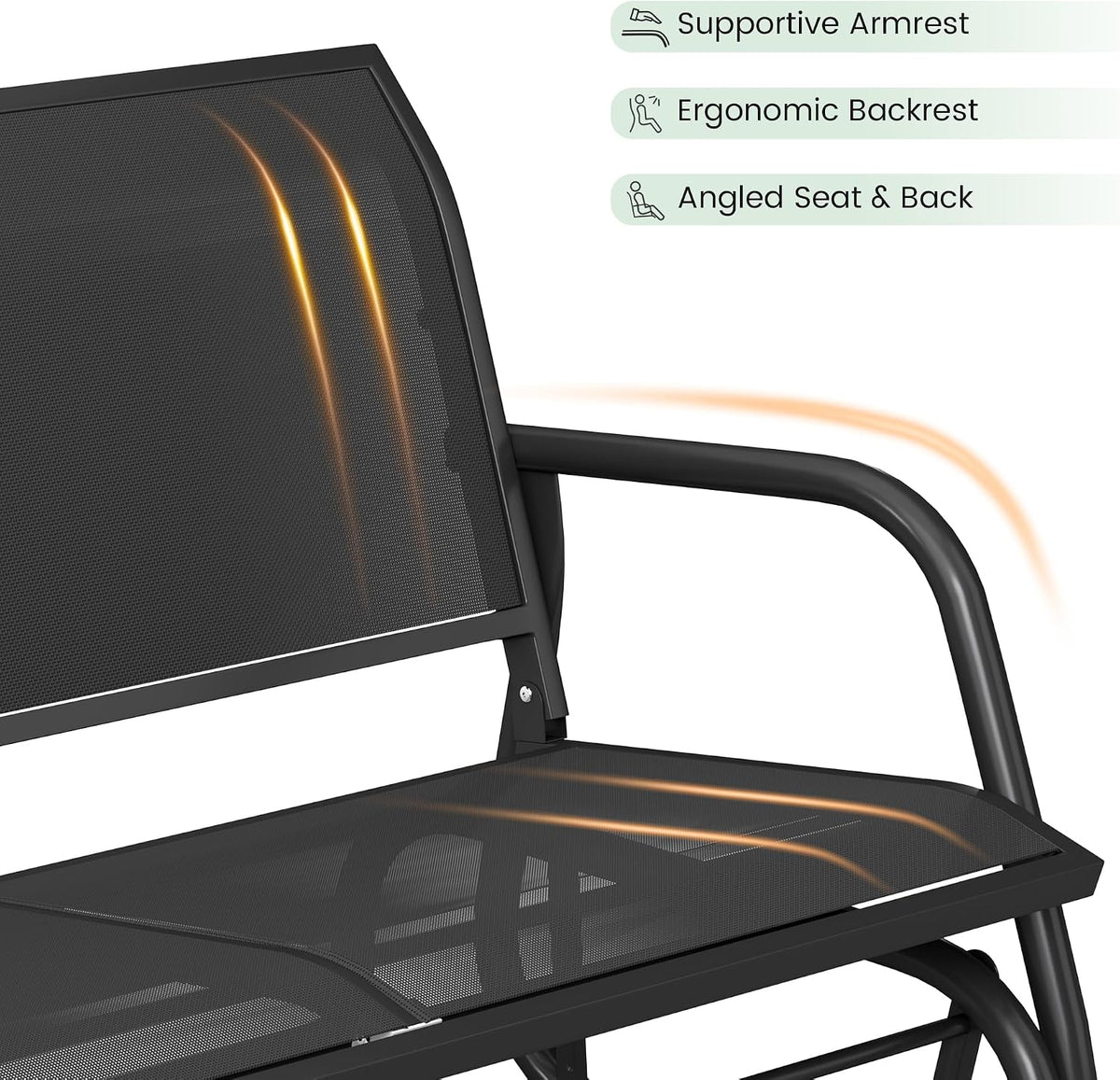 KROFEM Outdoor Glider Bench, Glider Bench for Outside Patio, Black | High Backrest and Breathable Mesh Fabric, Yard Porch Loveseat, Outside Rocking Swing Chair, Heavy Duty Metal, Clearance